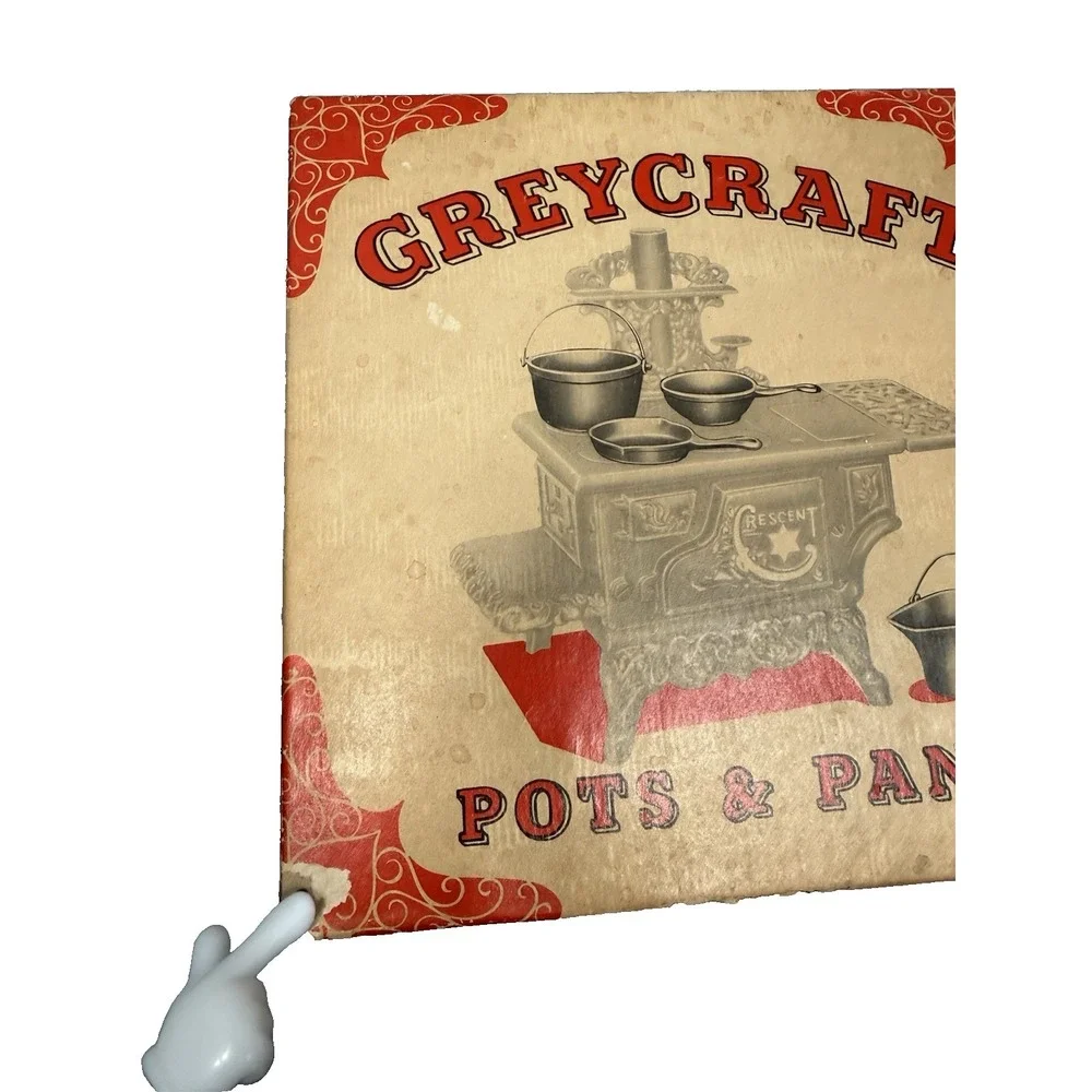 VTG Greycraft Miniature Cast Iron Pots & Pans Set w Box Dollhouse Toy Cookware